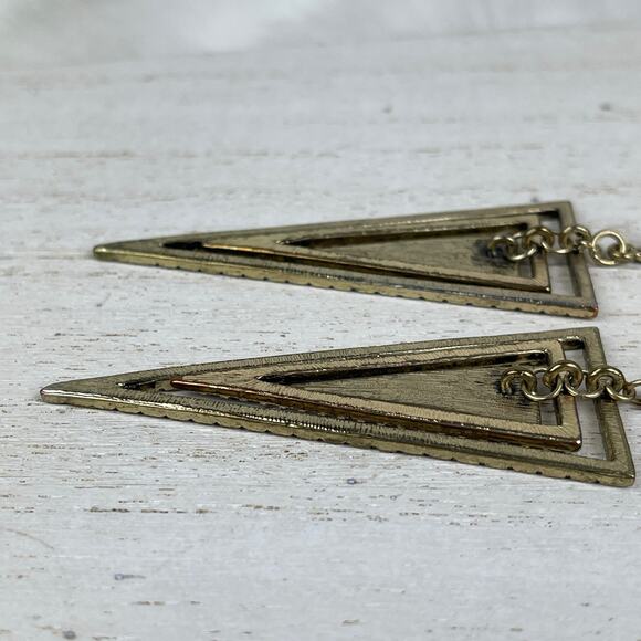 Gold Tone Tiered Triangle Cairo Dangle Earrings Black Geo Geometric Boho Jewelry - Picture 13 of 16